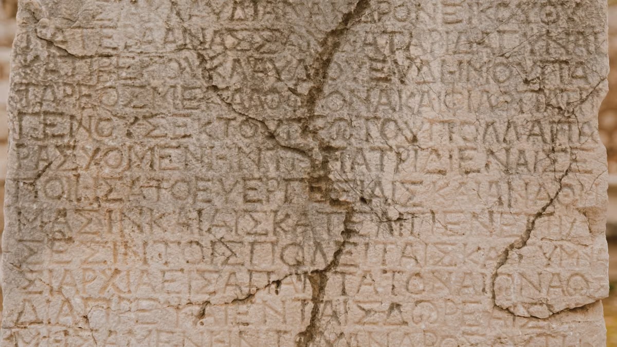 Close-up of a weathered stone with ancient Greek letters inscribed, showcasing historical text.